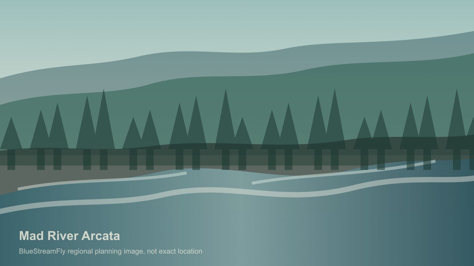 Generated regional lower Mad River coastal scene for Arcata planning; not an exact location photo