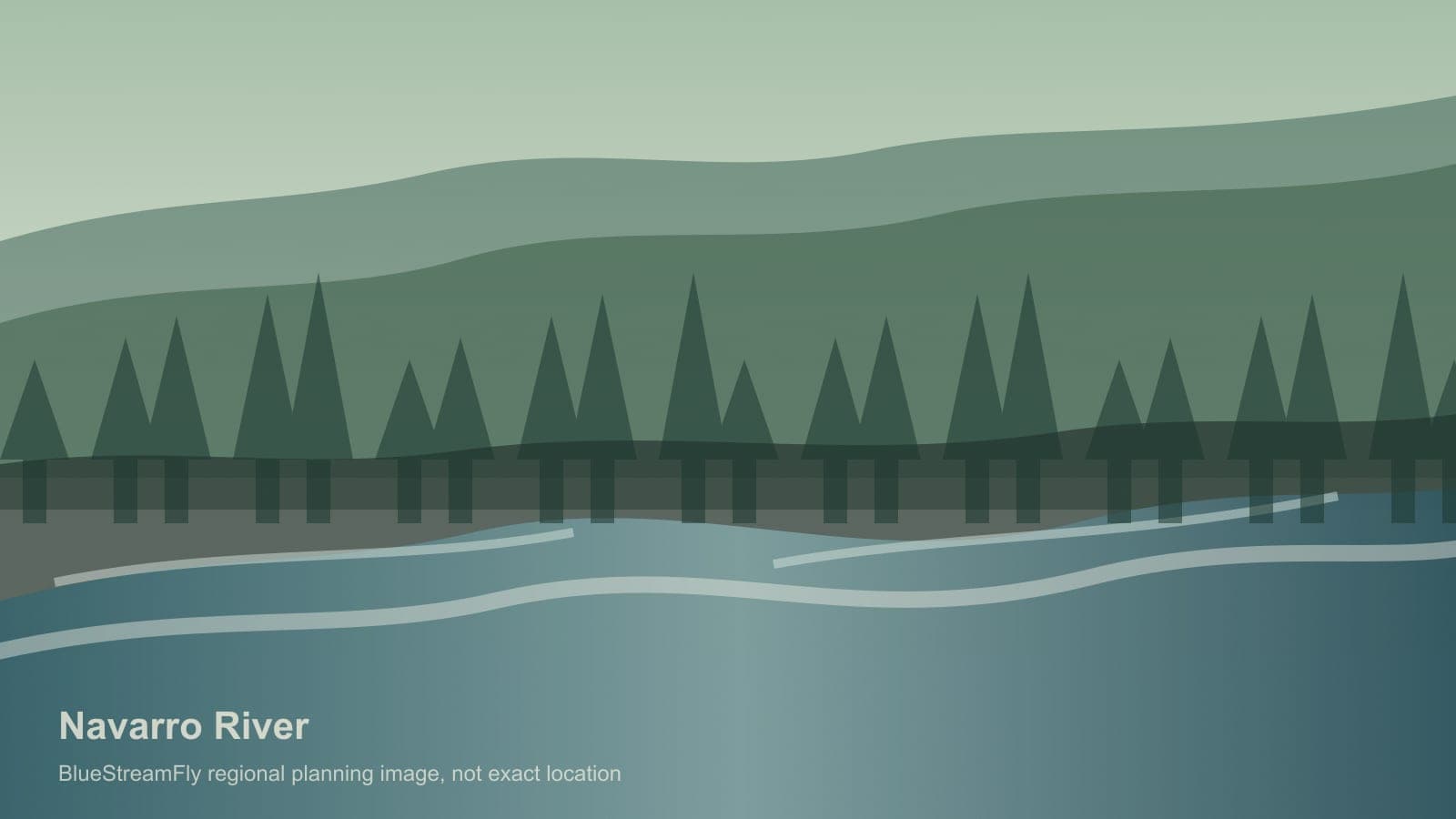 Generated regional Mendocino redwood river scene for Navarro River planning; not an exact location photo