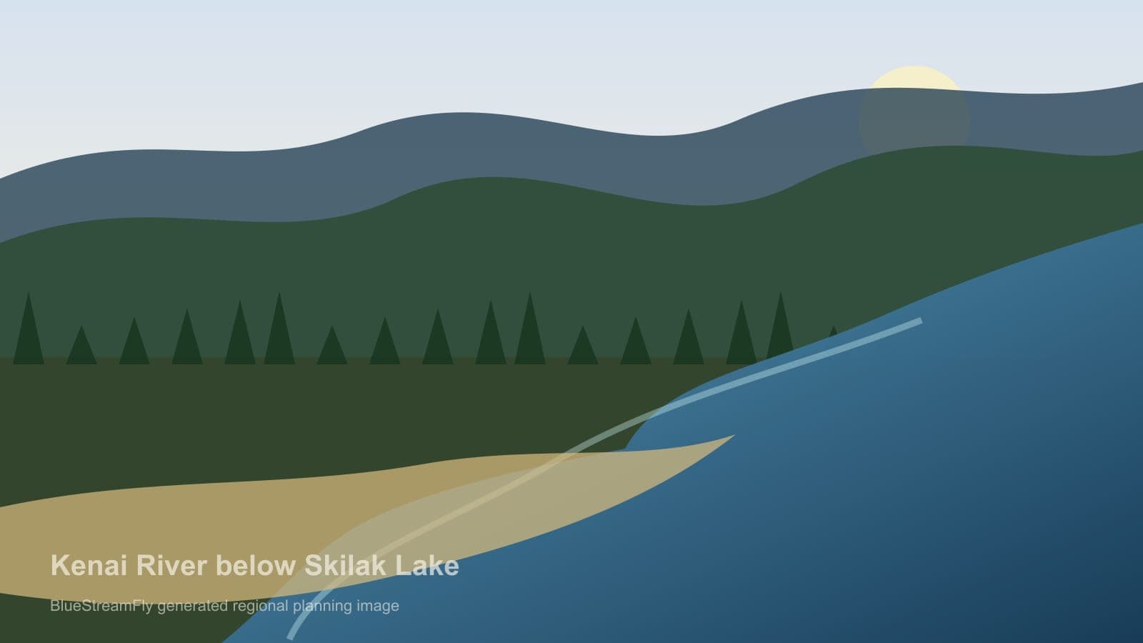 Generated regional Alaska river scene for Kenai River below Skilak Lake planning; not an exact location photo