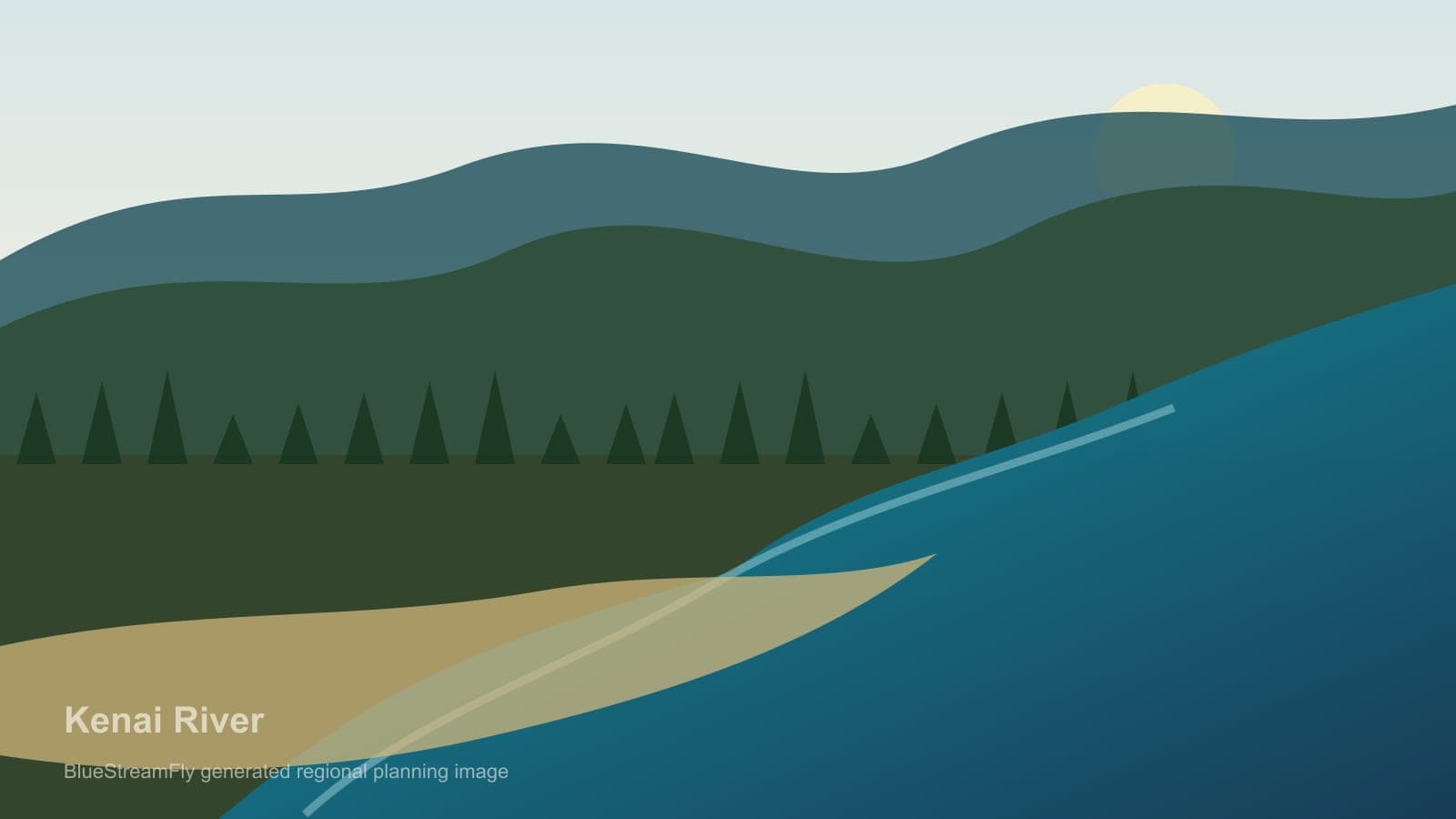 Generated regional Alaska river scene for upper Kenai River planning; not an exact location photo