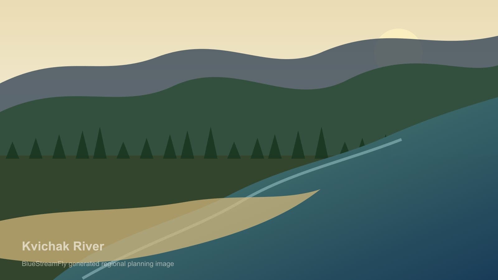Generated regional Bristol Bay river scene for Kvichak River planning; not an exact location photo