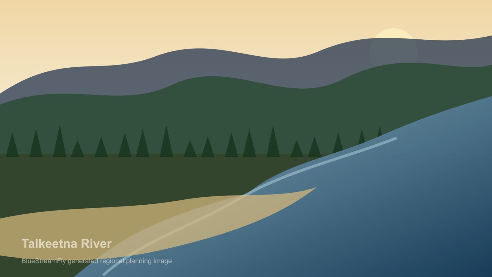 Generated Alaska Susitna drainage river scene for Talkeetna River planning; not an exact location photo